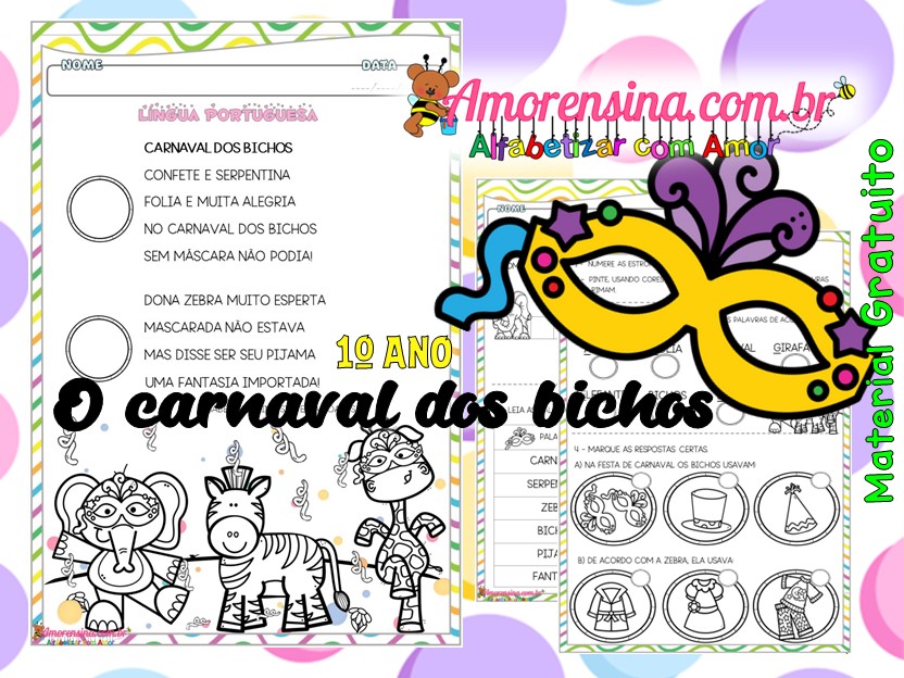 O carnaval dos bichos texto e atividades de alfabetização