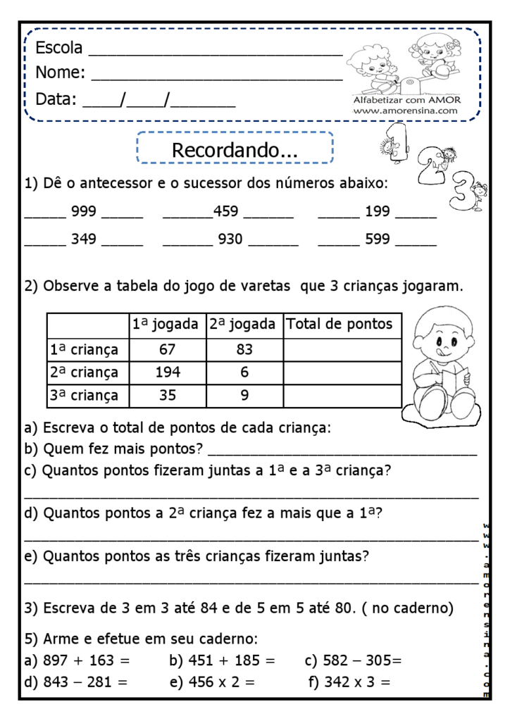 ATIVIDADES DE MATEMÁTICA PARA O 3º ANO